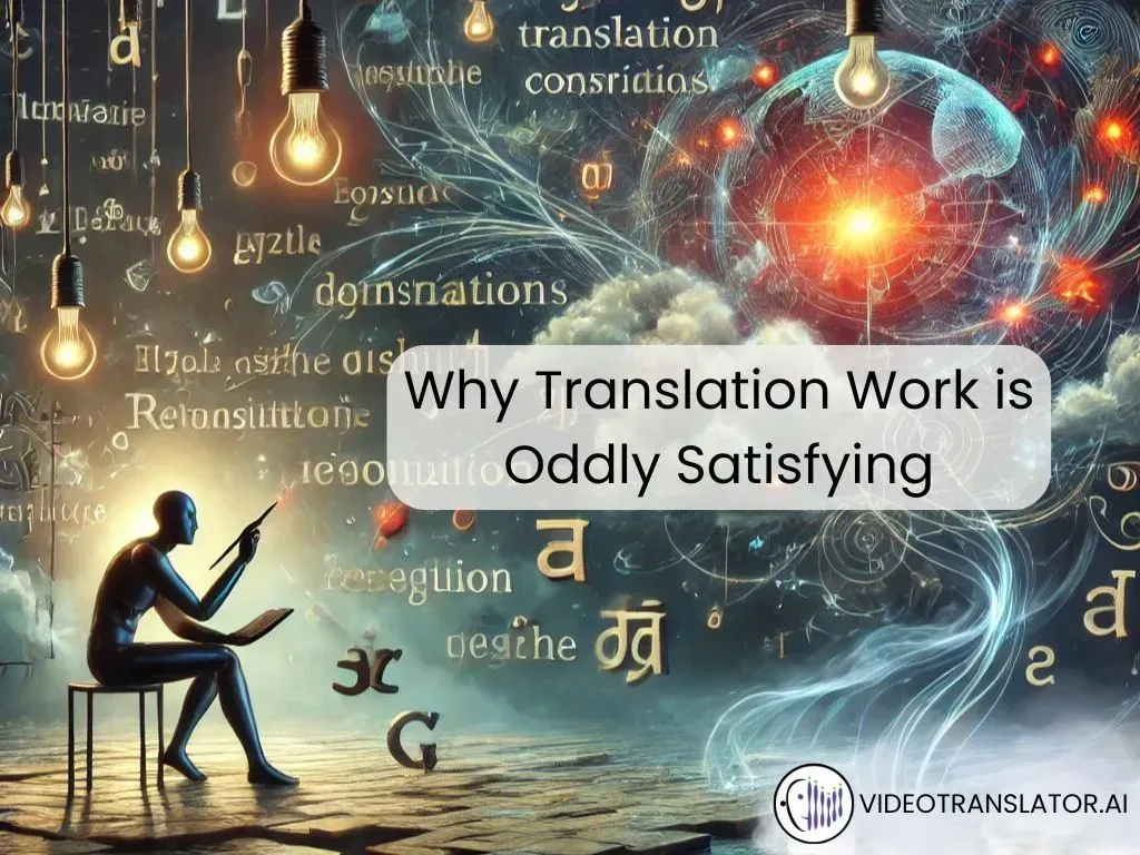 A surreal scene depicting the creative process of translation. Words and phrases flow like puzzle pieces, fitting together in unexpected yet satisfying ways.