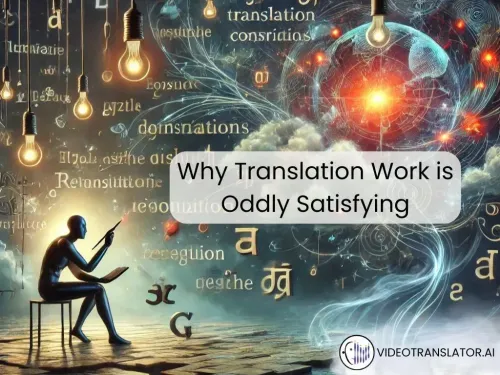 A surreal scene depicting the creative process of translation. Words and phrases flow like puzzle pieces, fitting together in unexpected yet satisfying ways.